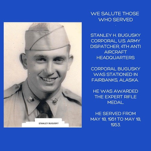 A tribute to a U.S. Army corporal, noting military service details, dates, and an Expert Rifle Medal award.