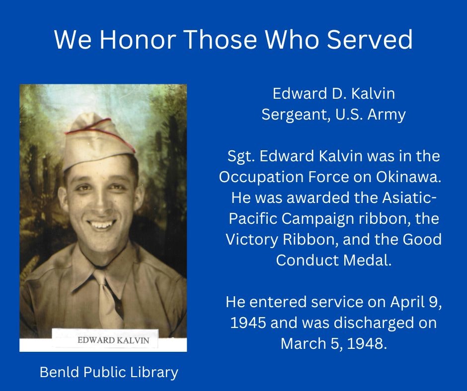Tribute poster honoring military service of Sgt. Edward Kalvin, mentions awards, service dates, and the Bend Public Library.