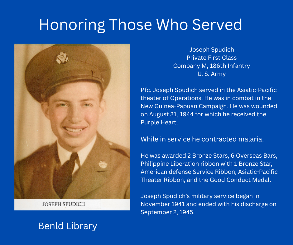 Honoring a WWII soldier, Joseph Spudich, highlighting his service, awards, and discharge. Includes his photo and military details.