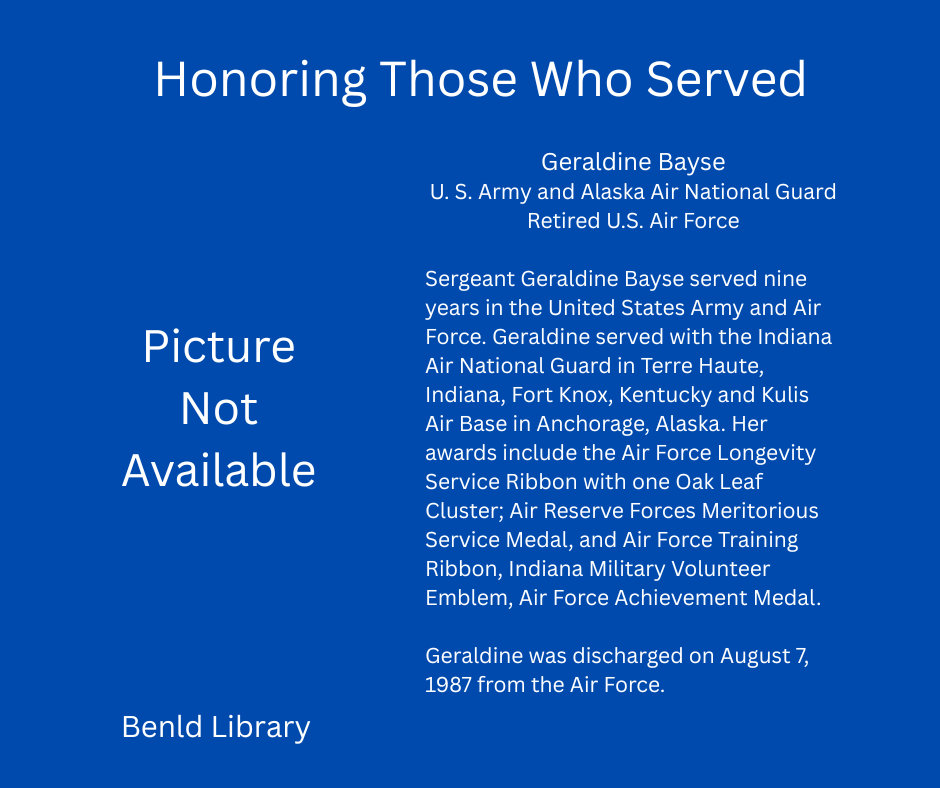 The image honors Geraldine Bayse, a retired sergeant from the U.S. Army and Air Force, detailing her service and awards.