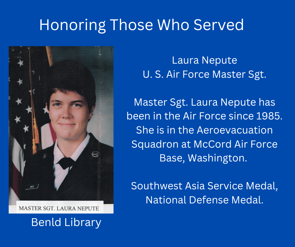 Image honors U.S. Air Force Master Sgt. Laura Nepute, noting her service since 1985, and awards: Southwest Asia Service Medal, National Defense Medal.