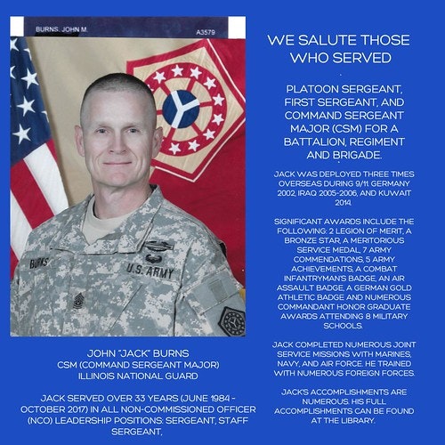 A tribute poster with text and two images: one of a uniformed military person and another of a badge, honoring the service of John 'Jack' Burns.
