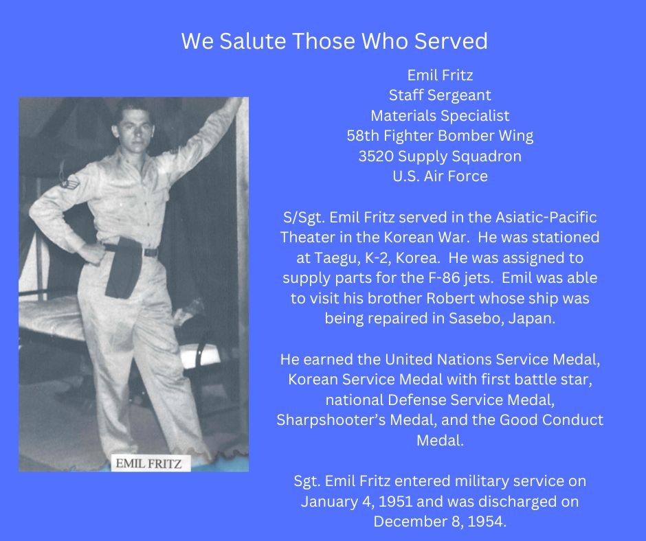 Tribute to a U.S. Air Force Staff Sergeant Emil Fritz, his service details, and medals earned, including an image in military attire.