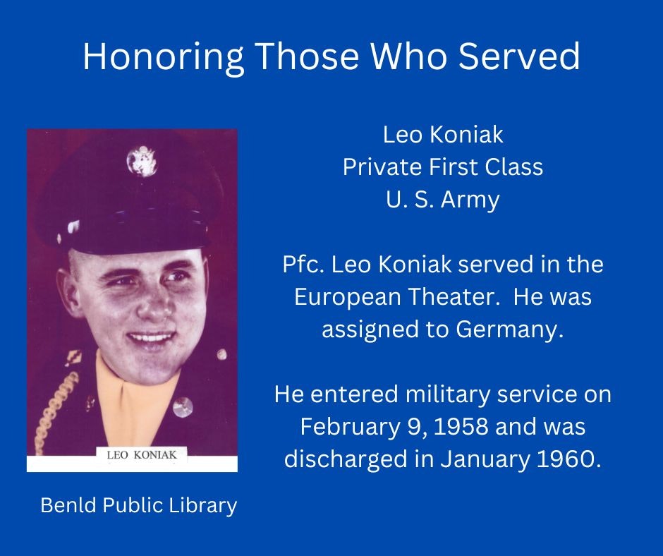 A tribute to Leo Koniak for his military service in the U.S. Army, with a photo and service details.