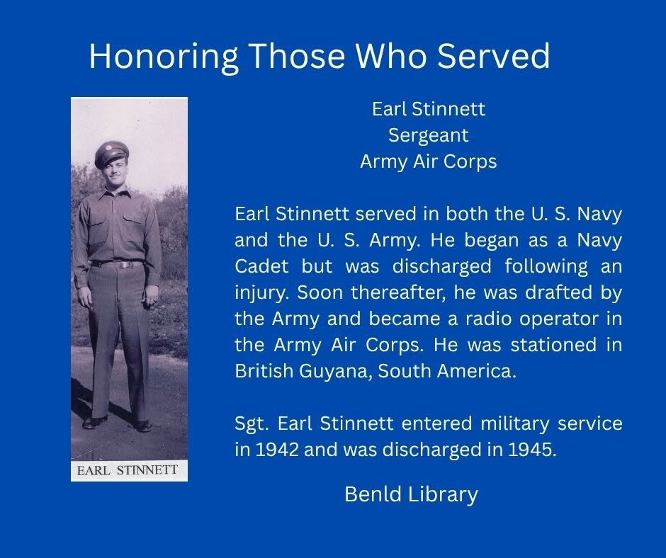 The image honors Sgt. Earl Stinnett, who served in the U.S. Navy and Army Air Corps from 1942 to 1945, stationed in British Guyana.