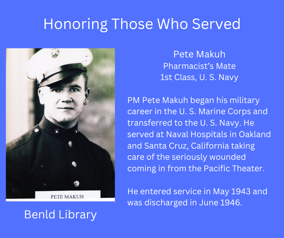 A tribute poster honoring a U.S. Navy serviceman, Pete Makuh, with details of his military service and a photo in uniform.