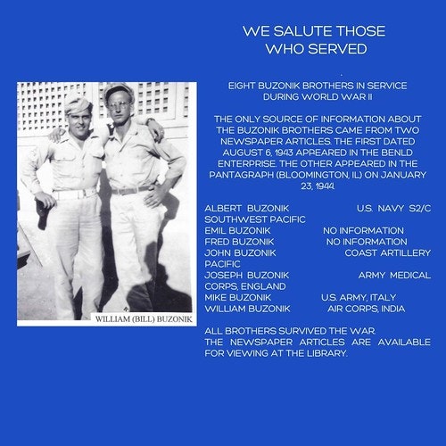 Tribute to the Buzonik brothers who served in WWII, listing names, service branches, and newspaper articles about them.