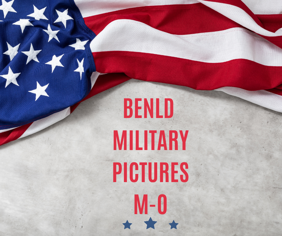American flag draped over surface with the text "BENLD MILITARY PICTURES M-O".