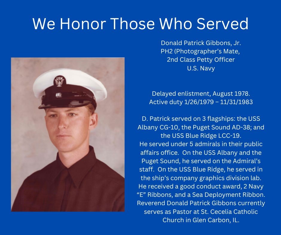 A tribute poster for a U.S. Navy veteran, detailing his service and current role as a pastor.