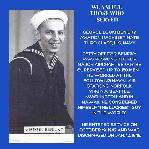 A tribute to a U.S. Navy serviceman, George Louis Benicky, with his photograph and service details.