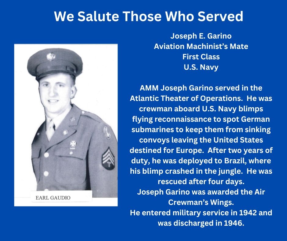 A tribute to a U.S. Navy serviceman, Joseph E. Garino, detailing his military service during WWII.