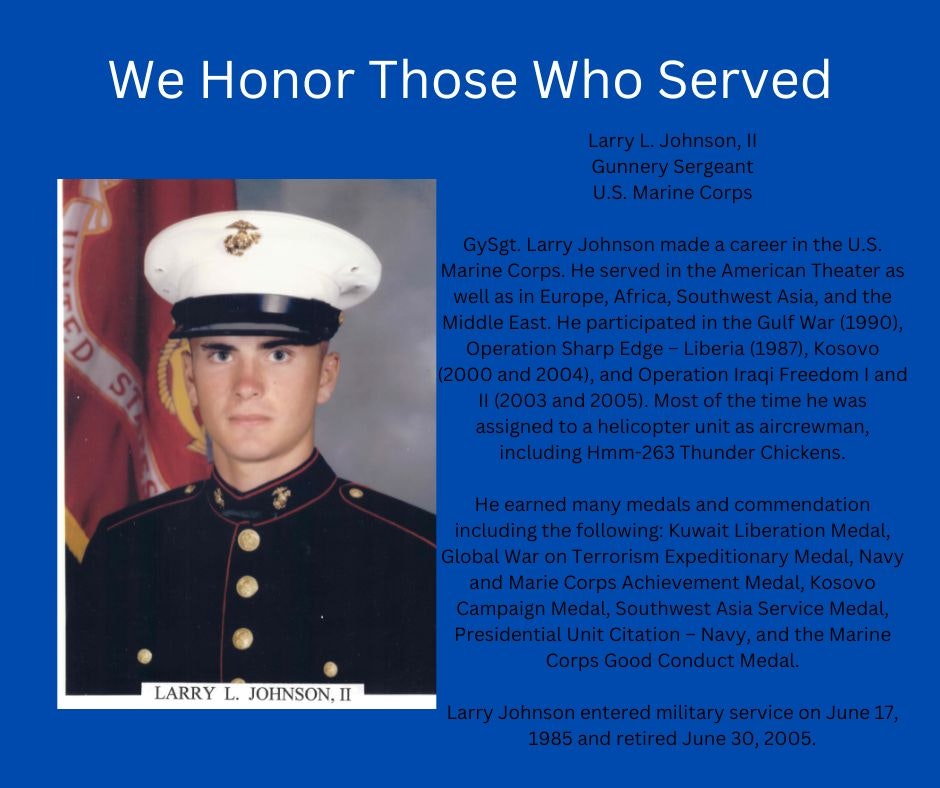 Tribute to a U.S. Marine, detailing service, locations and medals earned, with a portrait in dress uniform.