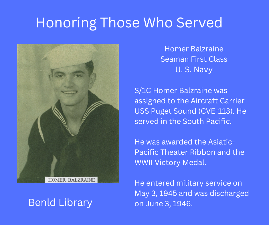 Tribute to a WWII US Navy veteran, Seaman First Class Homer Balzraine, with his military service details.