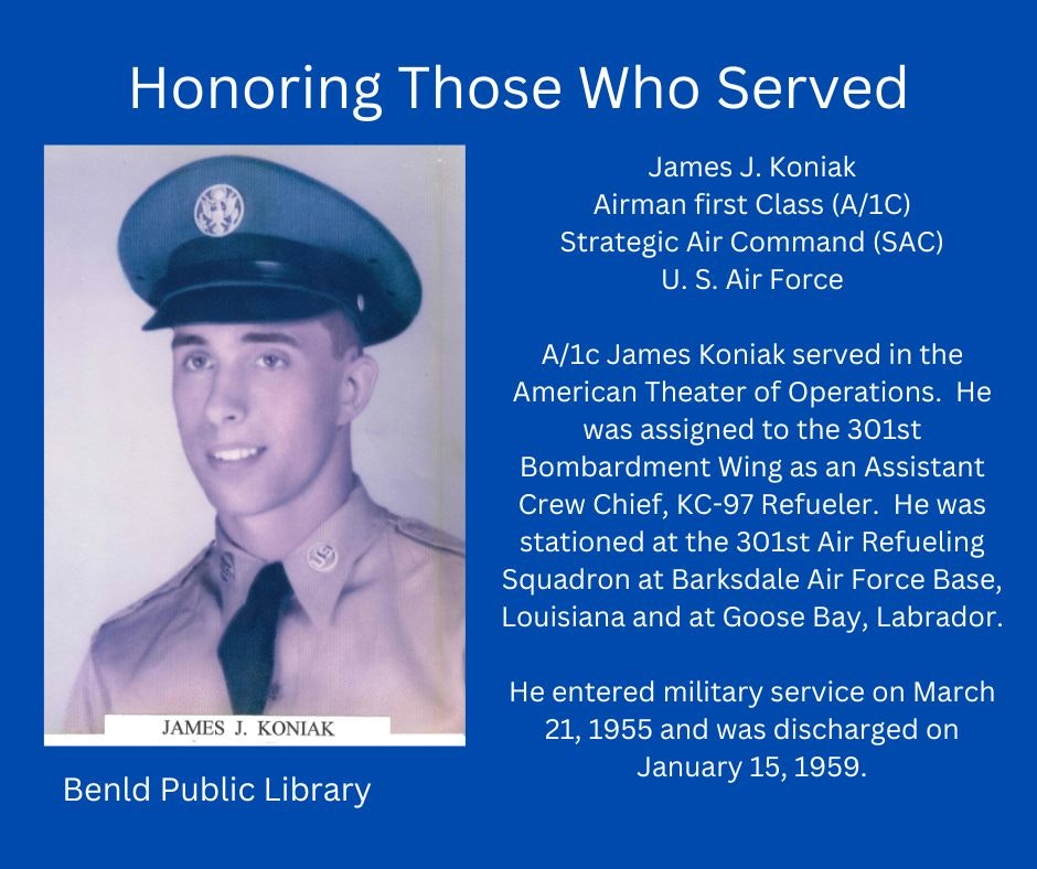 Tribute to Airman First Class James J. Koniak, detailing his service in the U.S. Air Force and roles during his enlistment.