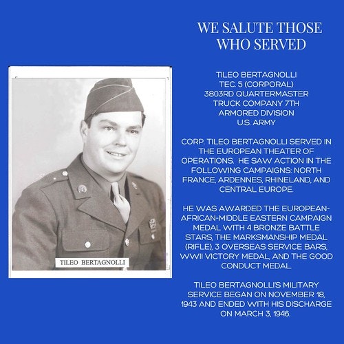 A tribute to a World War II US Army veteran, including his photo and a summary of his service and awards.