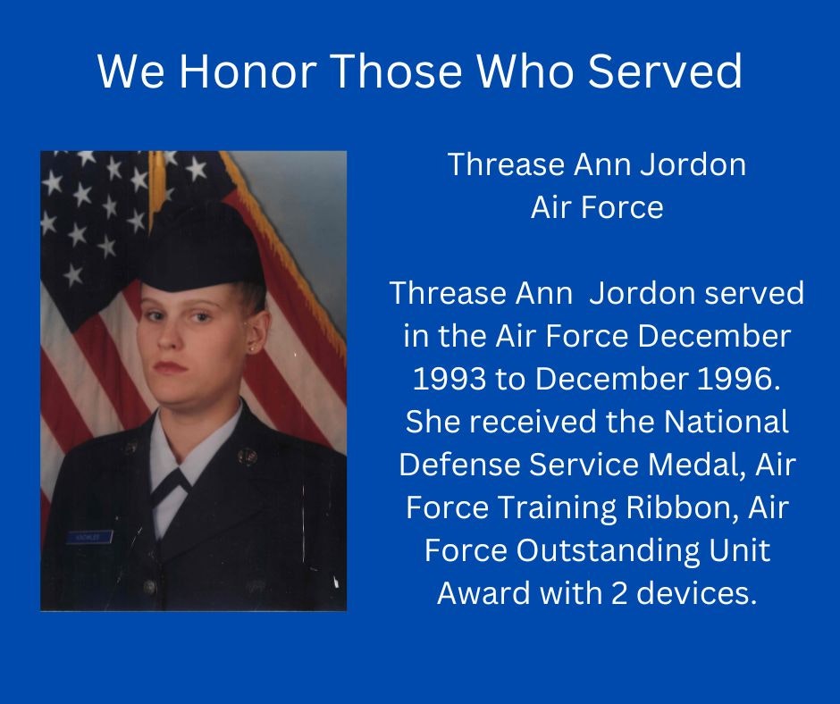 A tribute to an Air Force servicemember with medals mentioned, against an American flag background.
