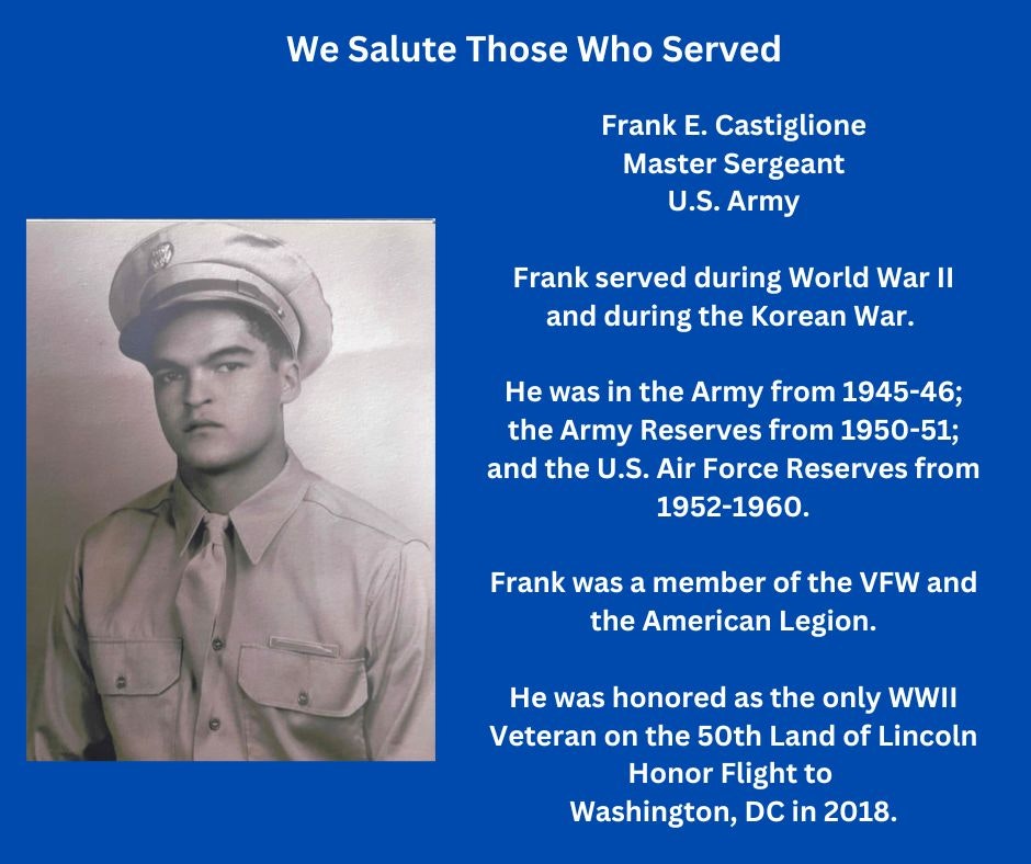 Tribute to Frank E. Castiglione, a Master Sergeant in the U.S. Army who served in WWII and the Korean War.