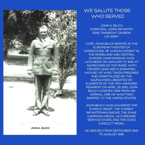 Tribute to a WWII veteran, John A. Bilich, with his service details and photo.