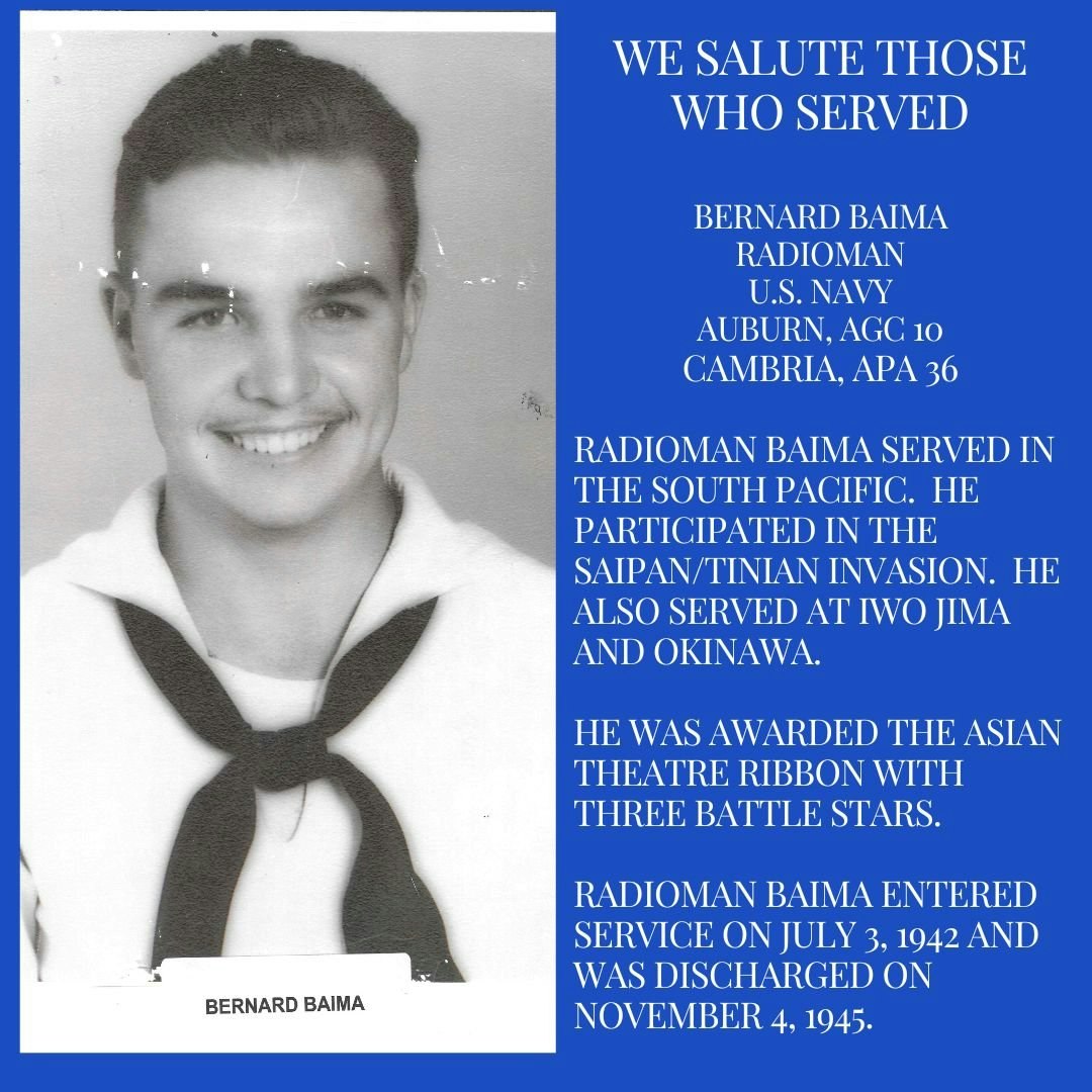Tribute to a U.S. Navy Radioman, detailing his service in WWII, awards received, and dates of service.
