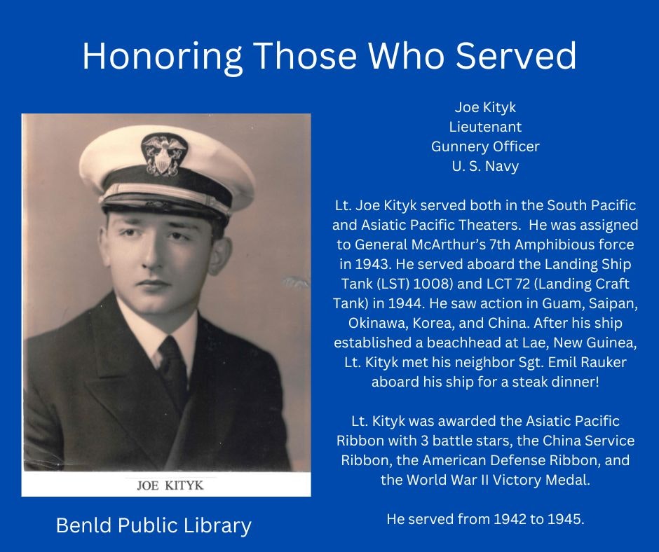 Tribute poster honoring serviceman Joe Kityk's military service with a photo, rank, and service details, including awards.