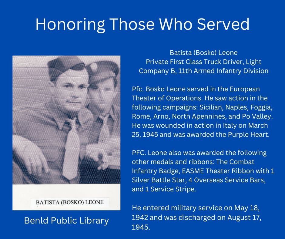 Tribute to Batista (Bosko) Leone, a WWII veteran, highlighting his service, campaigns, and military honors, including the Purple Heart.