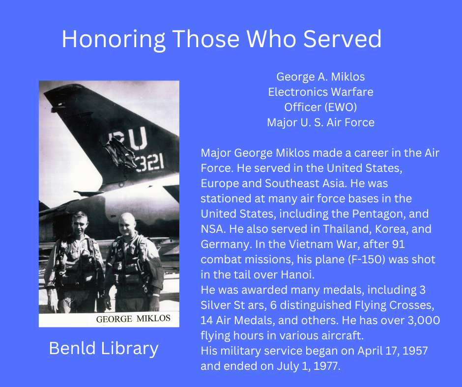Tribute to Major George Miklos' service in the Air Force, with his photo and a fighter jet.