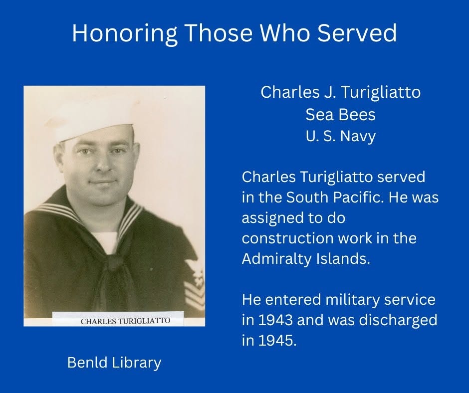 The image honors Charles J. Turigliatto, a U.S. Navy Sea Bee who served in the South Pacific from 1943 to 1945.