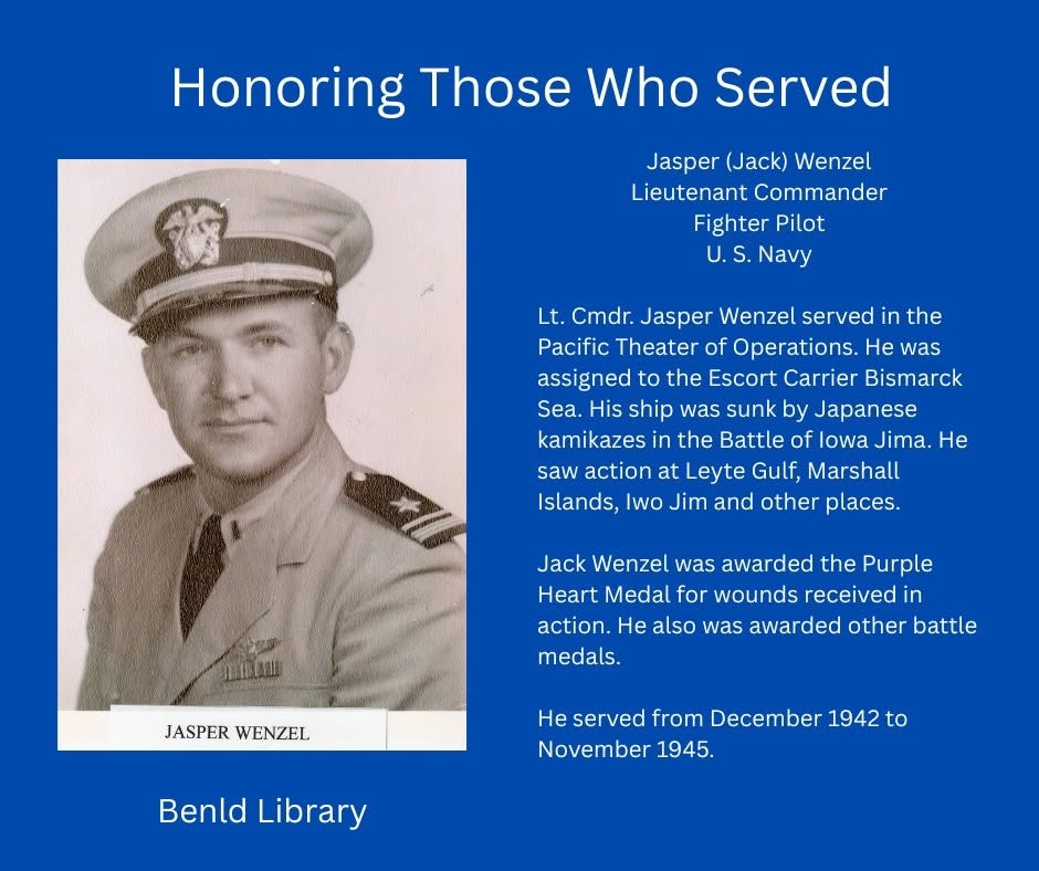 Honoring Lieutenant Commander Jasper "Jack" Wenzel, a WWII fighter pilot awarded the Purple Heart, who served from 1942-1945.