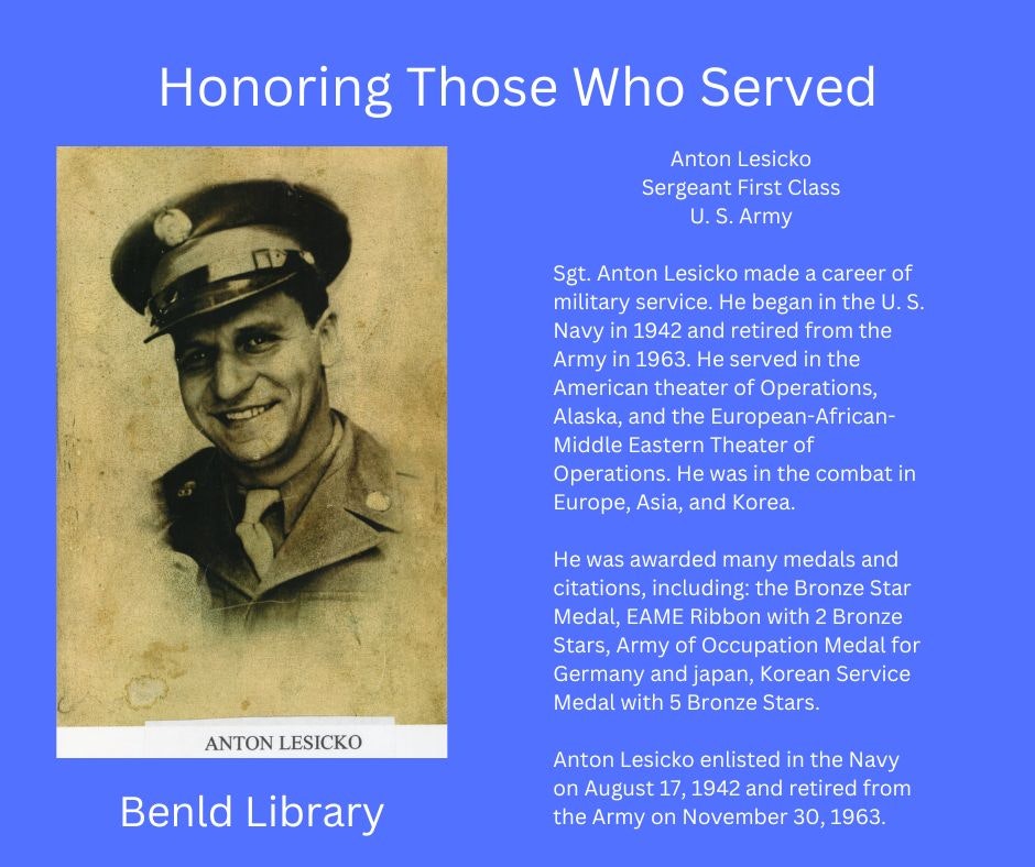 A tribute poster for Anton Lesicko, a Sergeant First Class with a lengthy military service, highlighting his career and accolades.
