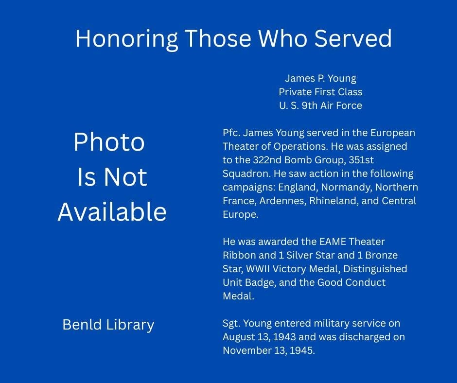 The image honors Pfc. James P. Young, 9th Air Force, who served in WWII and received multiple medals for his service.