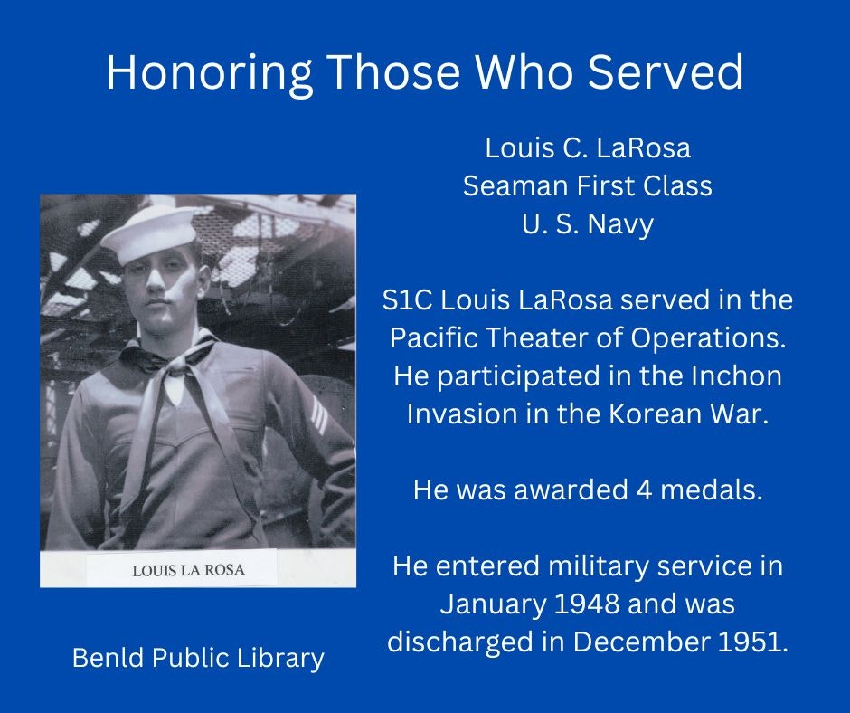 Tribute to Louis C. LaRosa, S1C, US Navy, for serving in Korean War, with photo, military service info, and Benld Public Library mention.