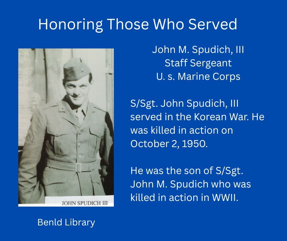 Honoring John M. Spudich, III, a U.S. Marine Corps Staff Sergeant, killed in Korean War. Son of WWII veteran. Benld Library tribute.