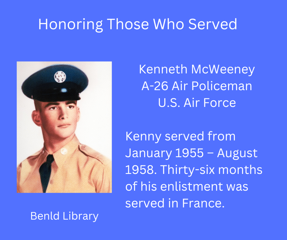 Tribute to a U.S. Air Force serviceman, detailing his service time and role, placed by Benld Library.