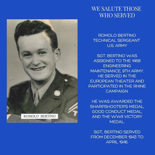 Tribute to a WWII U.S. Army Technical Sergeant with service and award details.