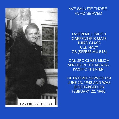 A tribute to a U.S. Navy veteran, Laverne J. Bilich, with service details and a photo.