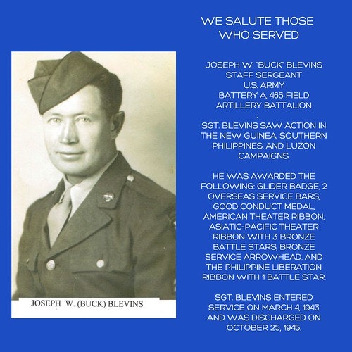 A tribute to a WW2 veteran, Joseph W. "Buck" Blevins, listing his military service, awards, and campaigns.