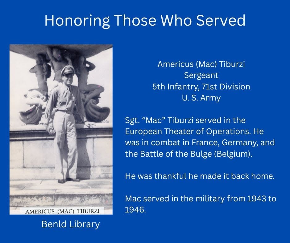 The image honors Sgt. Americus "Mac" Tiburzi, a WWII veteran who served in Europe from 1943 to 1946.