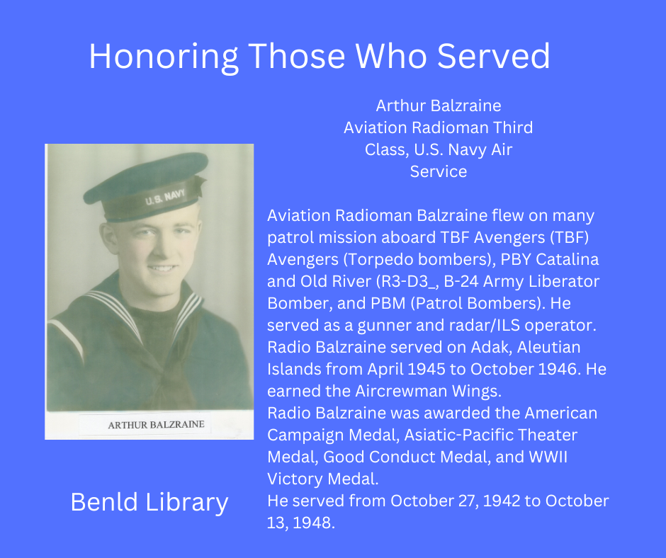Tribute to Arthur Balzraine, U.S. Navy Air Service, detailing his service, medals, and time of duty in WWII. Vintage photo included.