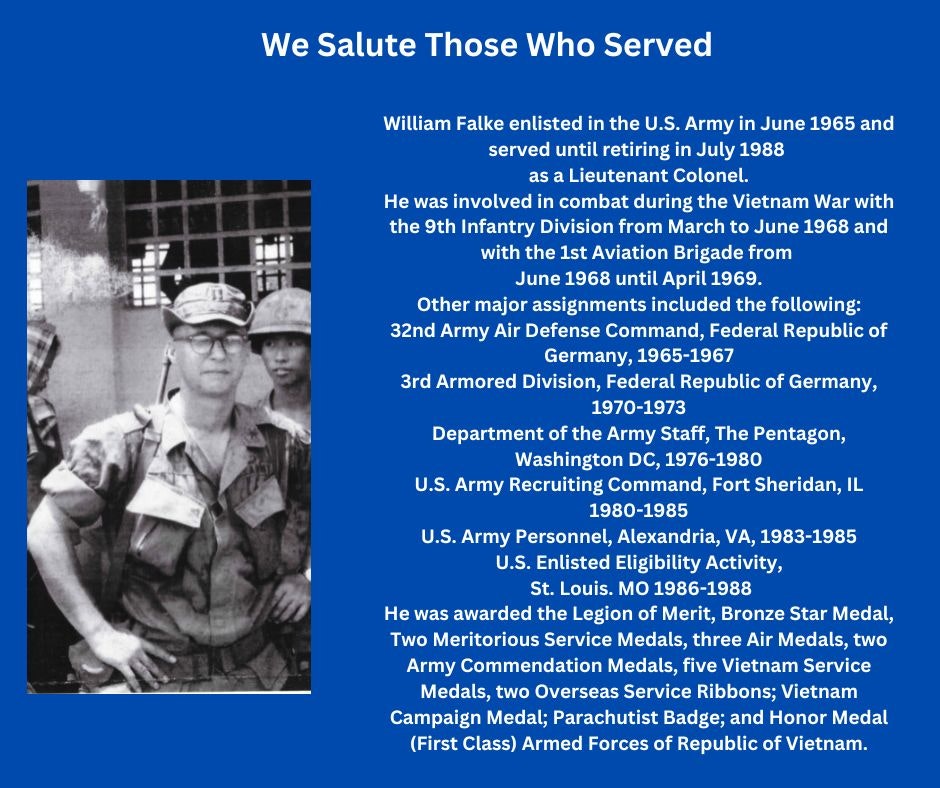 Tribute poster for a lieutenant colonel with military service details and awards, alongside a vintage photo.