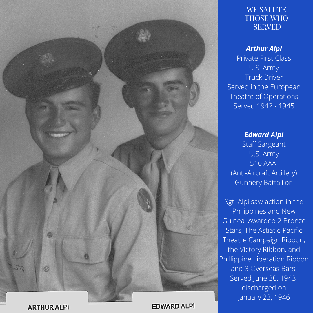 A black and white photo of two smiling military servicemen with a tribute overlay detailing their service.