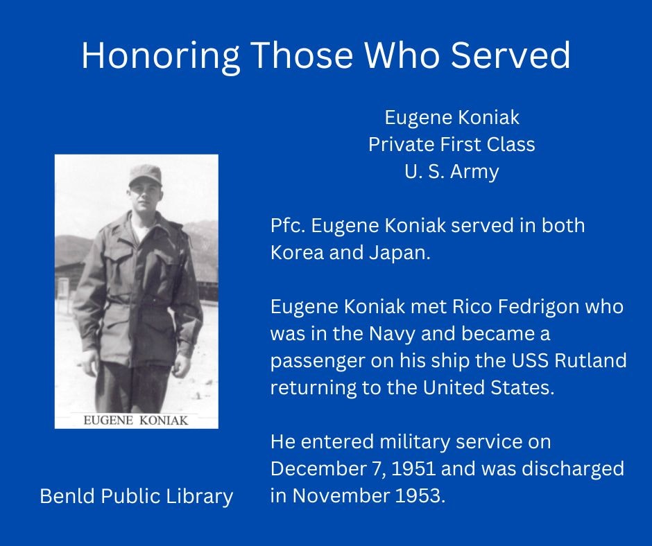 Tribute poster for Eugene Koniak's military service, featuring a photo and details of his enlistment and service in Korea and Japan.
