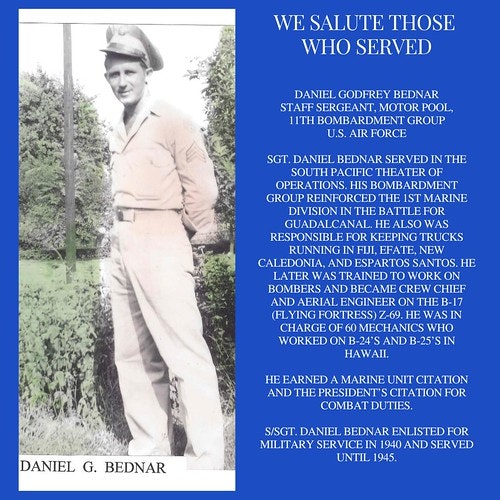 Tribute poster for WWII veteran Daniel G. Bednar, detailing his service in the U.S. Air Force.