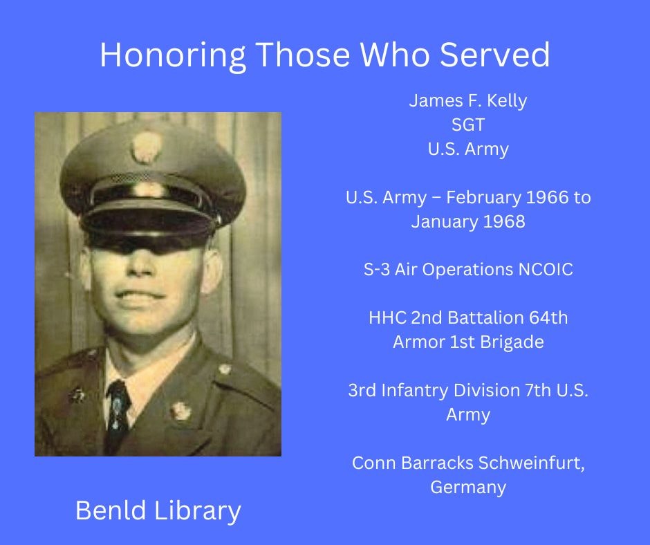 Tribute to a U.S. Army Sergeant with service details, affiliated with Benld Library.