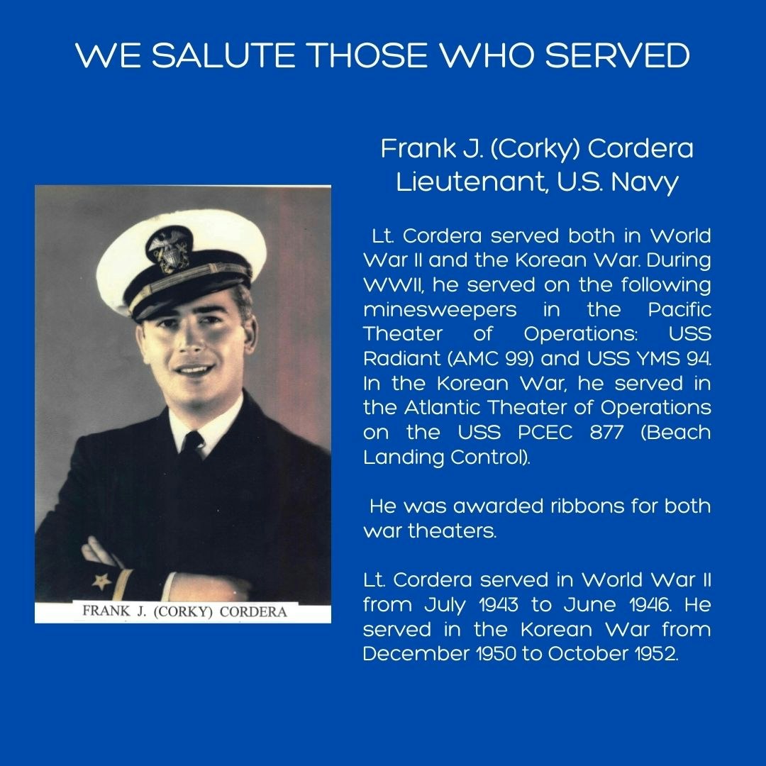 Tribute poster of a US Navy Lieutenant who served in WWII and the Korean War, with medals and service history.