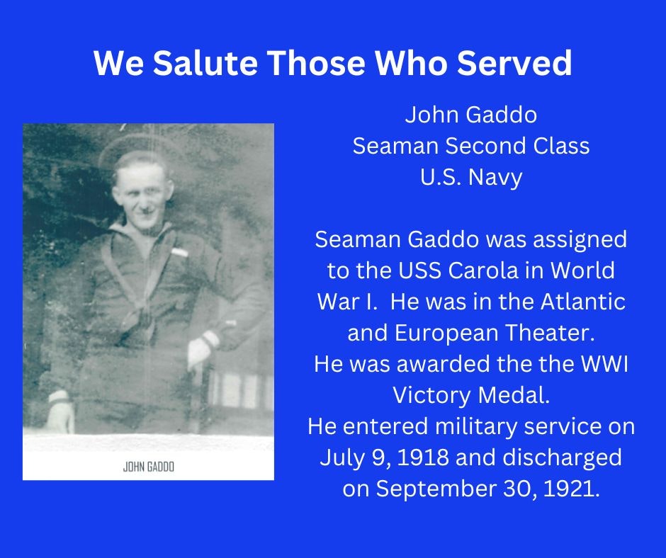 Tribute to a WWI veteran, Seaman Gaddo, served on USS Carola, awarded WWI Victory Medal.