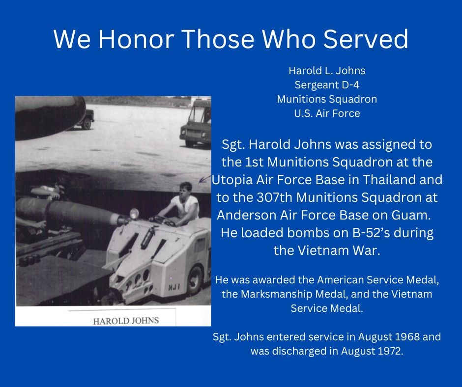 A tribute to Sgt. Harold Johns, who served in the Munitions Squadron, U.S. Air Force during the Vietnam War, with his photo and service details.