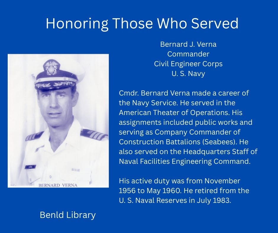 The image honors Cmdr. Bernard J. Verna, a U.S. Navy Civil Engineer who served actively from 1956 to 1960.