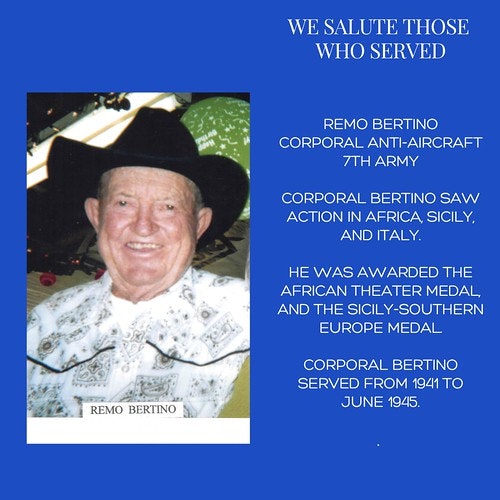 A tribute to Remo Bertino, a veteran, detailing his service and awards with his photo.