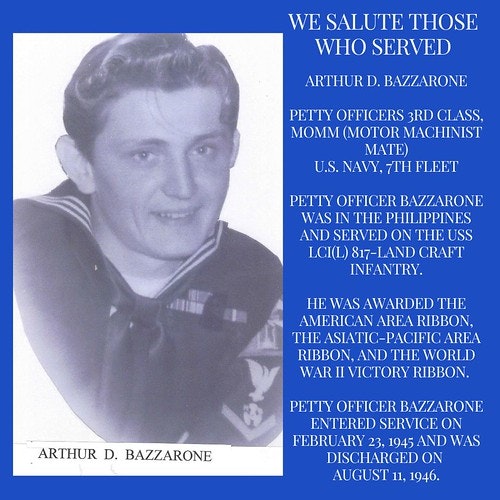 A tribute image to a U.S. Navy veteran, with his photo, name, rank, service details, and medals mentioned.