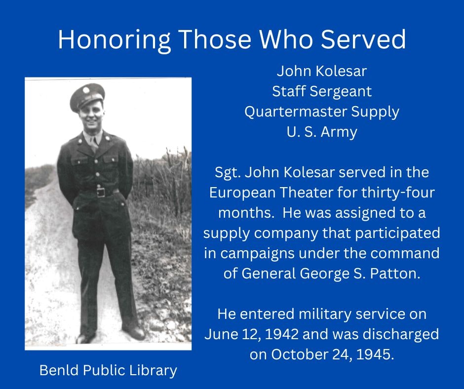 Tribute to a former U.S. Army Staff Sergeant, including service details and a photo, presented by Benld Public Library.